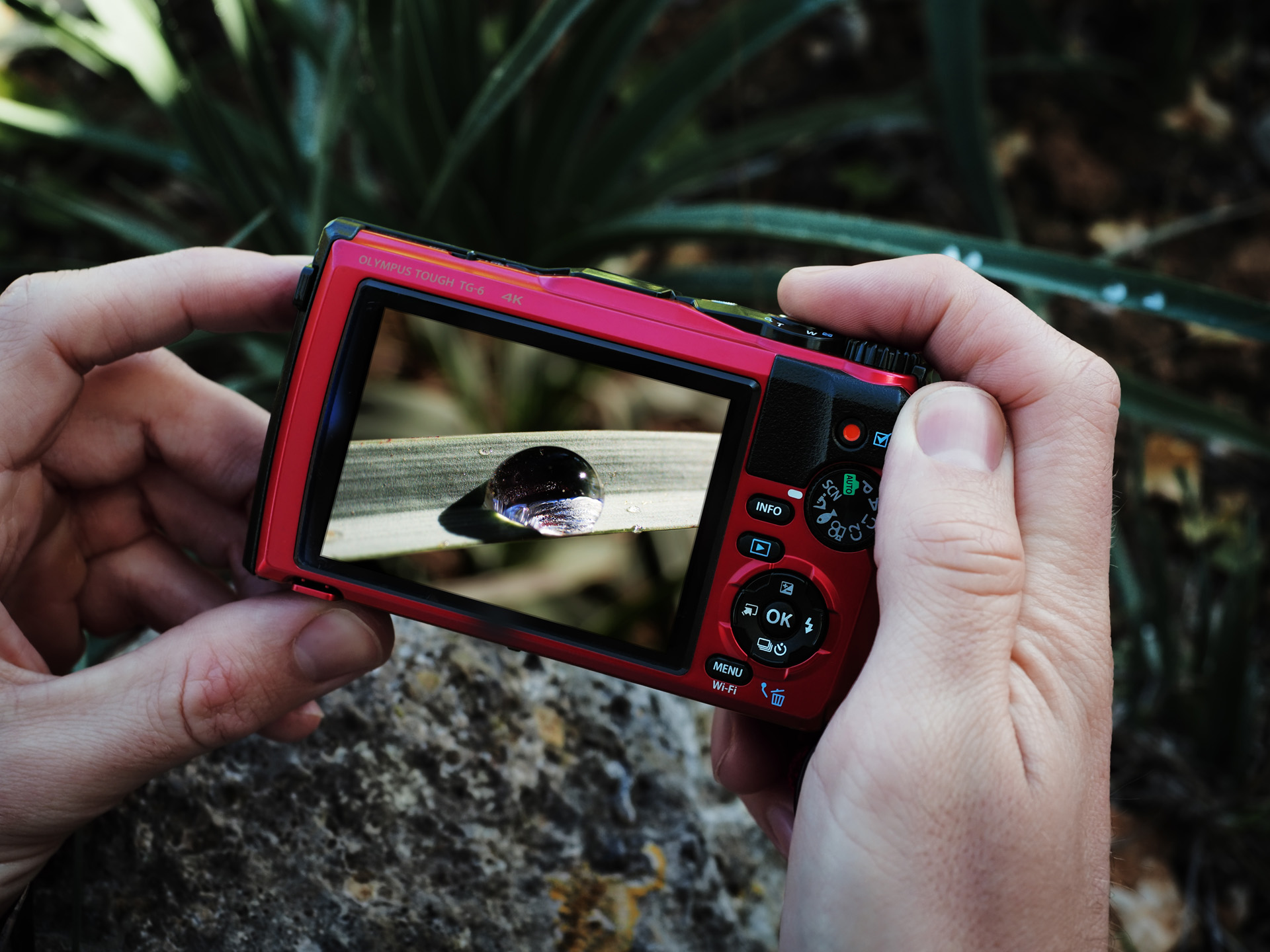 Händer håller i en röd Olympus Tough TG-6