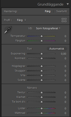 Panelen Grundläggande i Lightroom