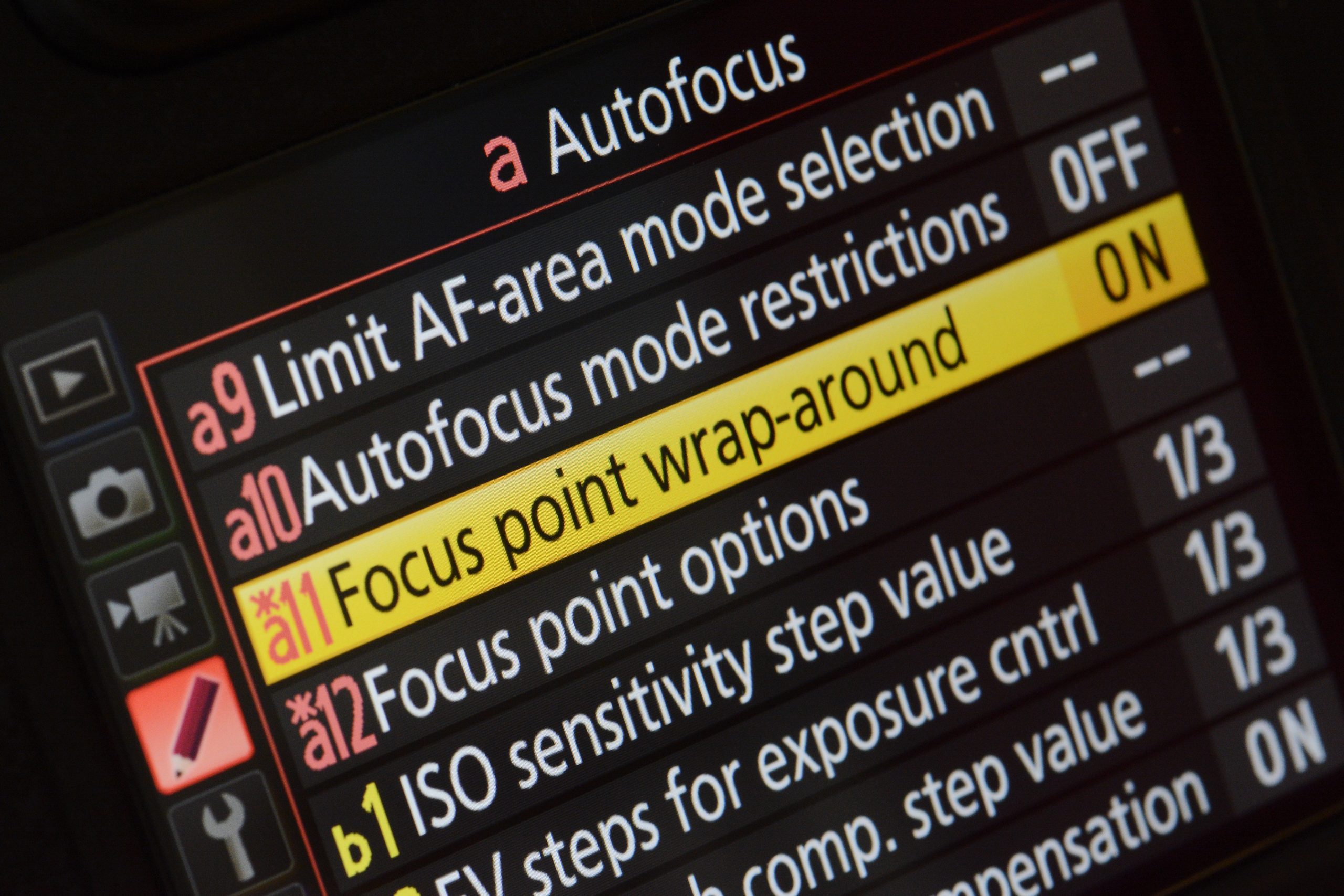 Skærmskud af kameramenu