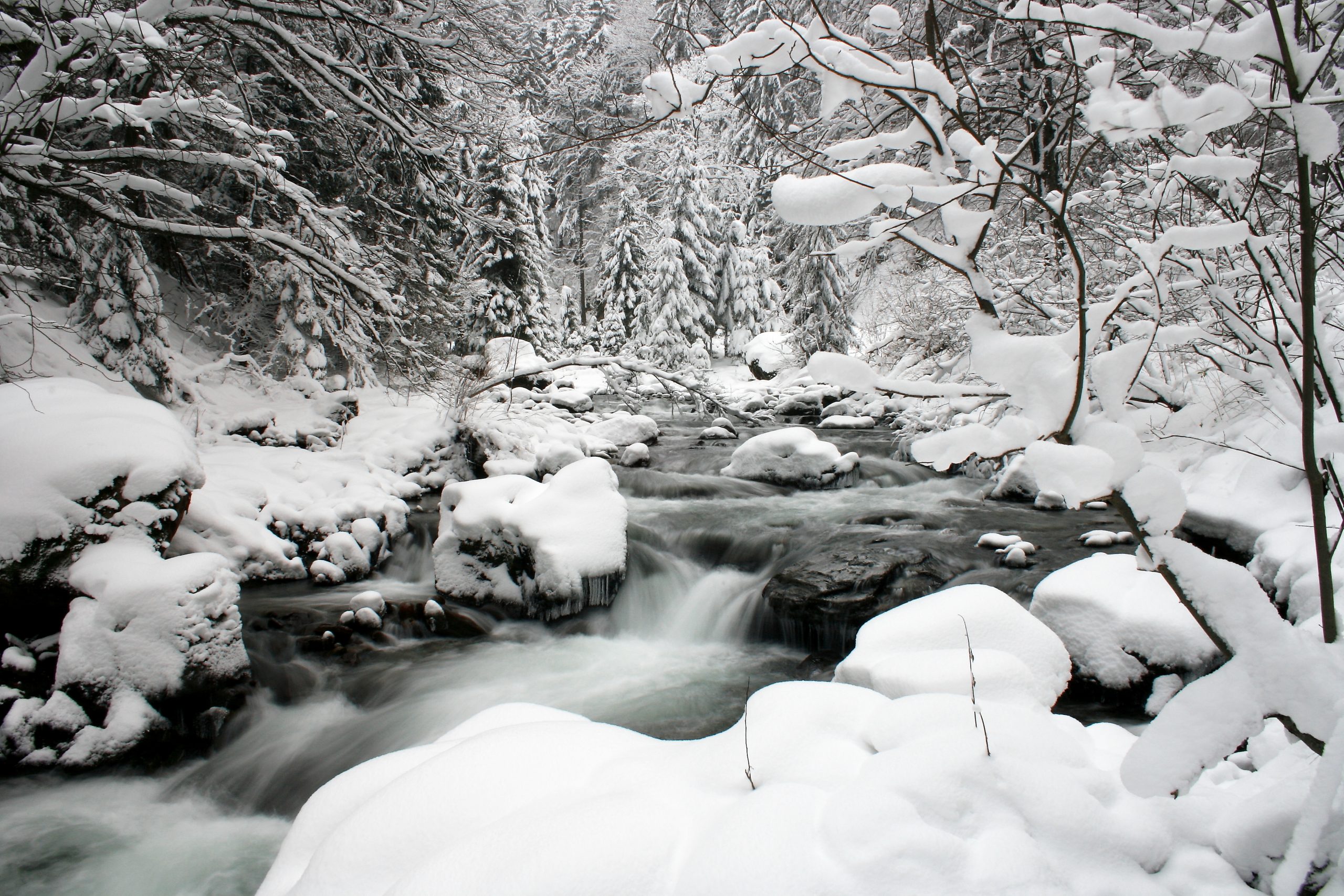 Talvinen joki mustavalkokuvaus