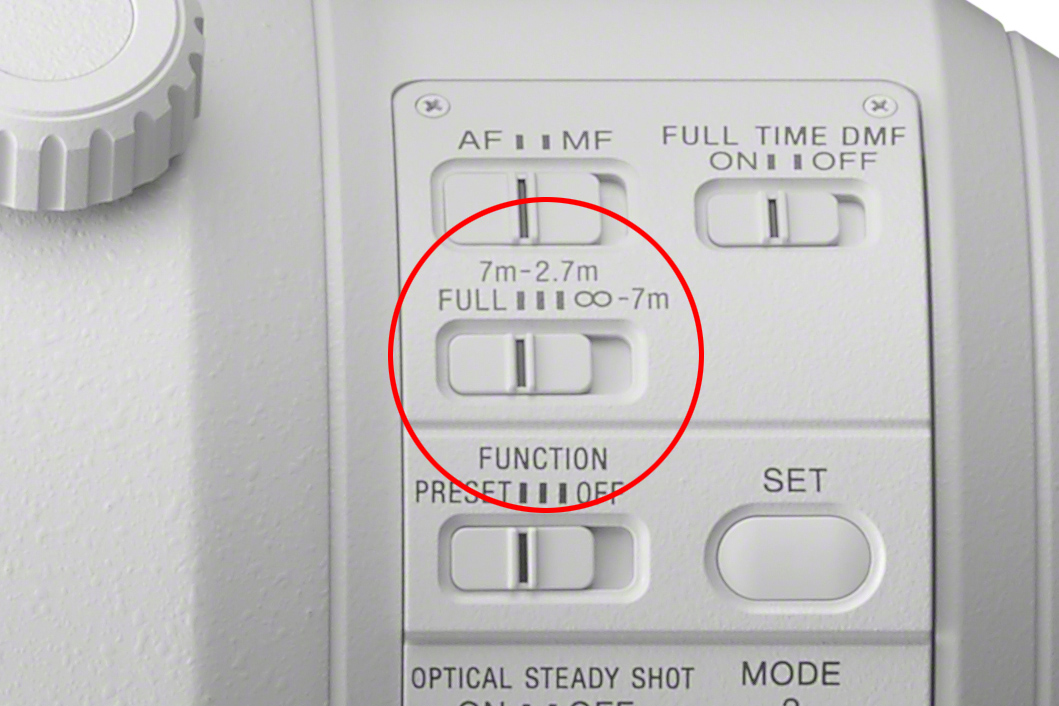 Fokusbegränsare på teleobjektiv från Sony.