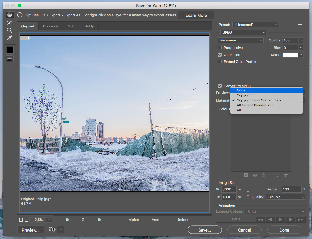 Fjern exif-data dine i Photoshop ved å velge Save for Web & Devices