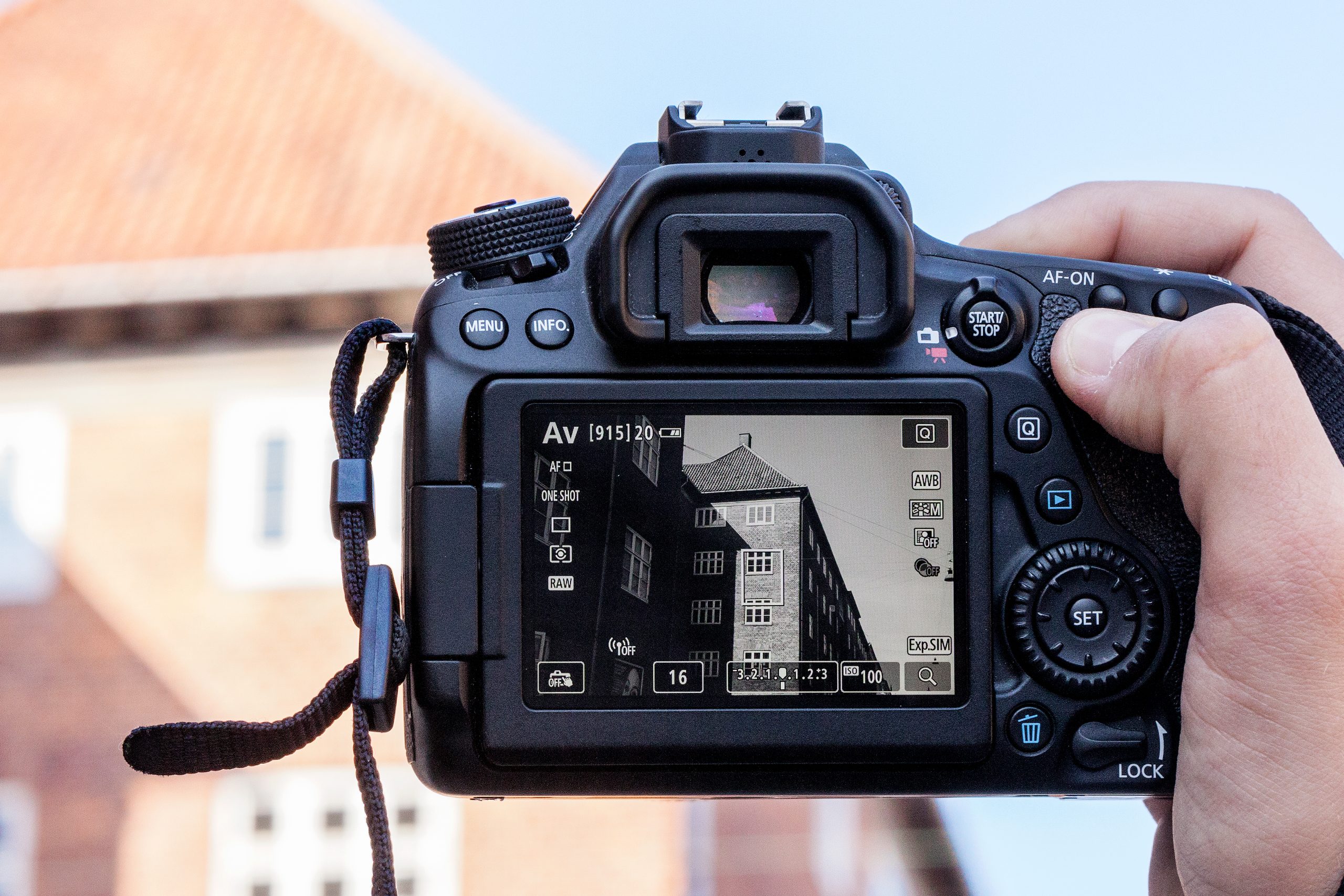 LCD-skärm på kamera med bildstilen Monokrom