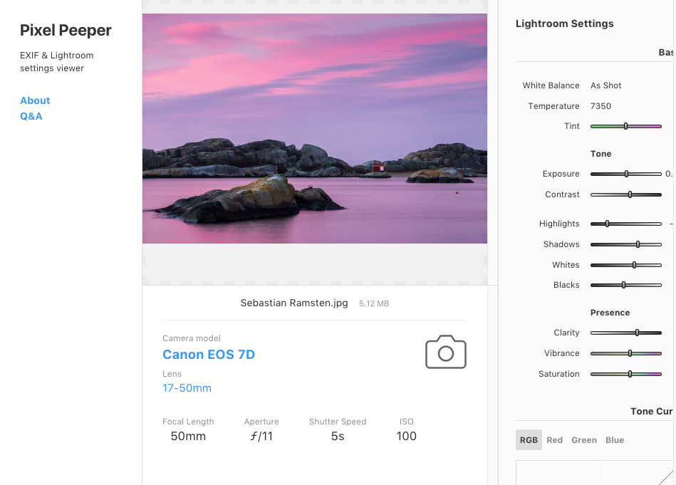 Lightroom-inställningar från webbplatsen Pixel Peeper