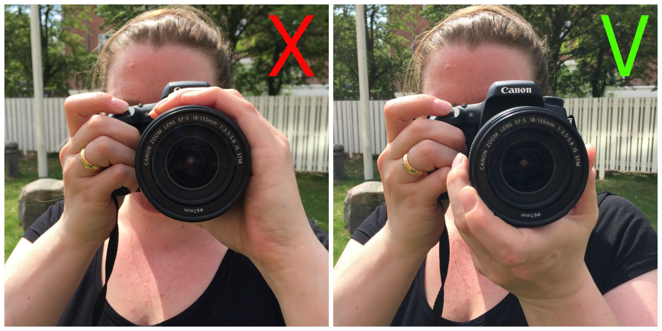 Hold hånden som en skål, så objektivet hvilker roligt og støt i din hånd.