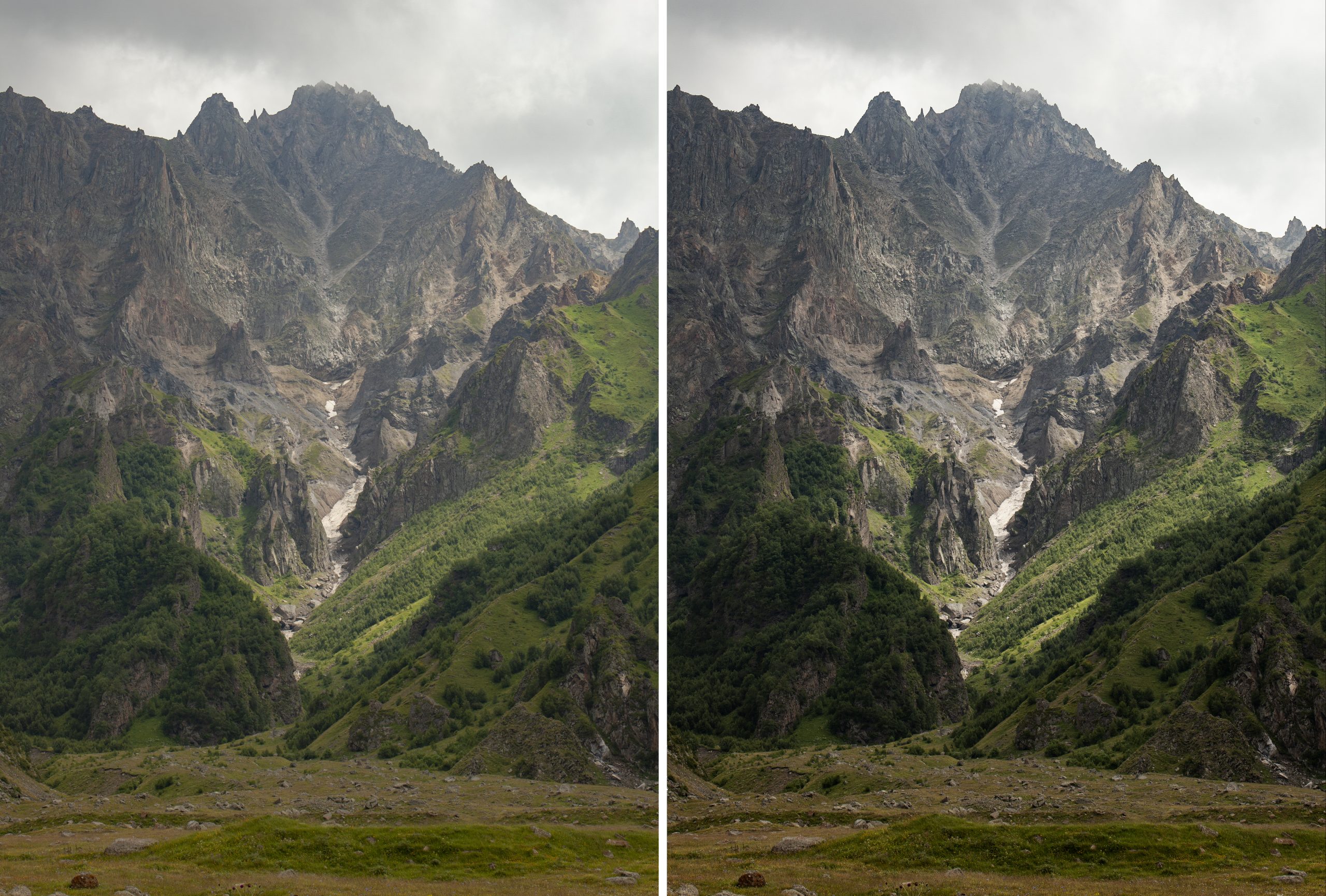 Bilde av fjell med og uten actions i Photoshop