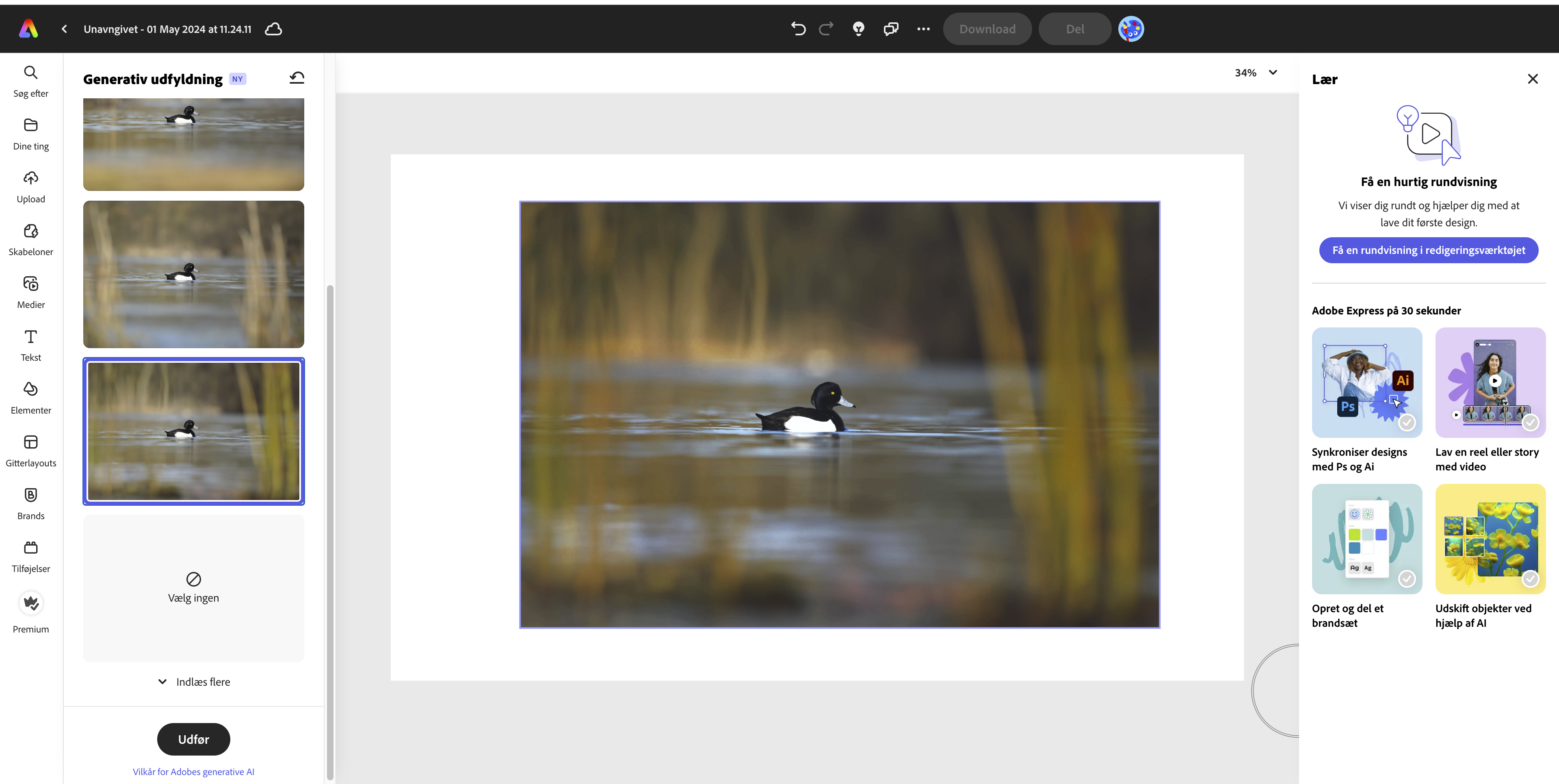 Skriv hvad du ønsker der skal være og Adobe Express genererer en udfyldning, der ser naturlig ud