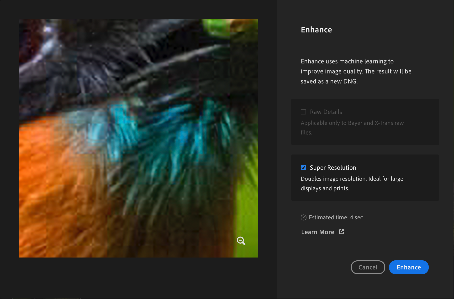 Opløsningen øges, når man bruger Super Resolution.