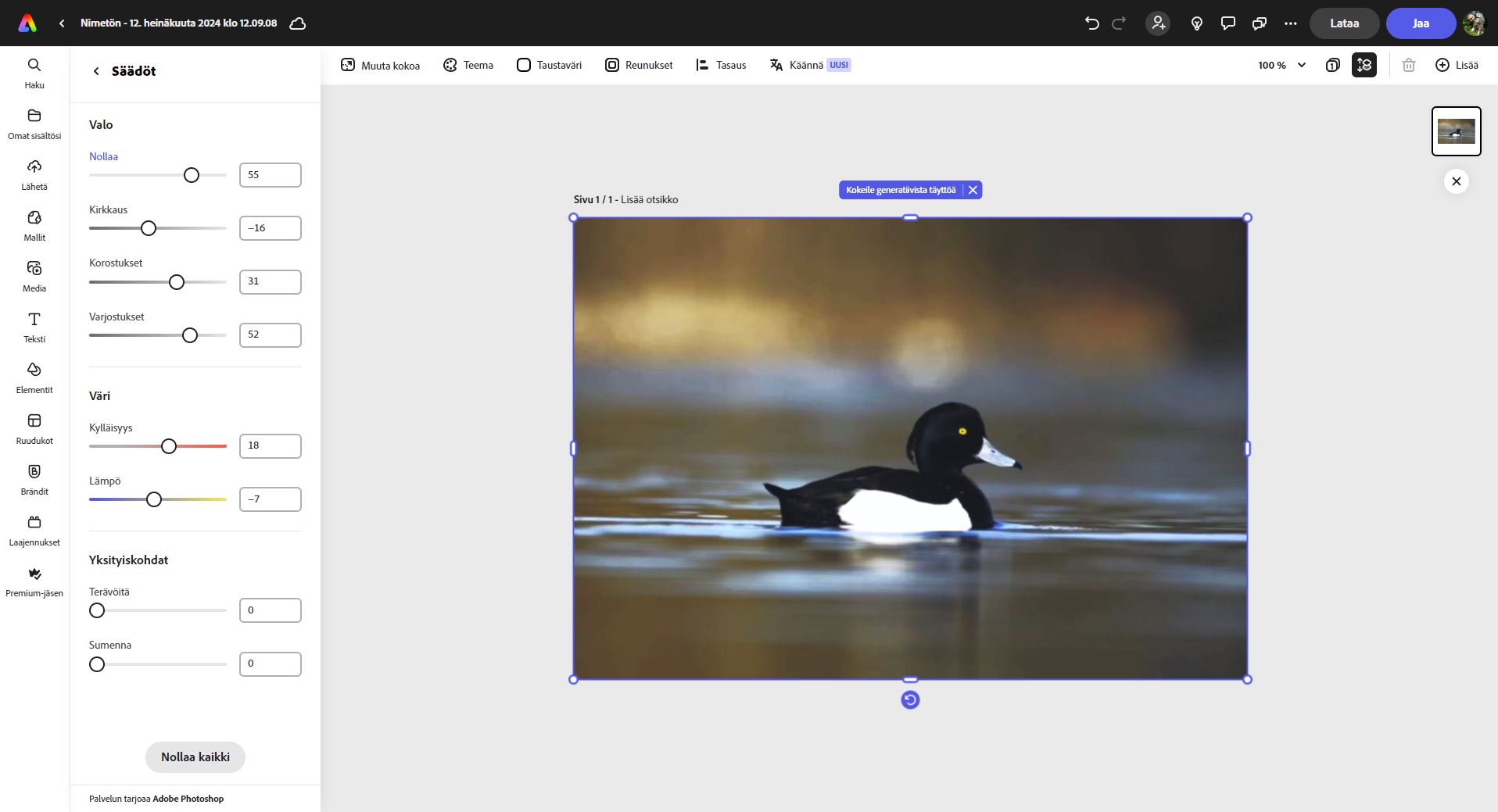 Valon, värin ja yksityiskohtien säätämiseen on normaalit toiminnot.