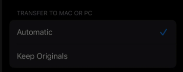 Kuvakaappaus puhelimen asetuksista, joilla HEIC-tiedostot muunnetaan aina jpg-muotoon tietokoneelle siirrettäessä.