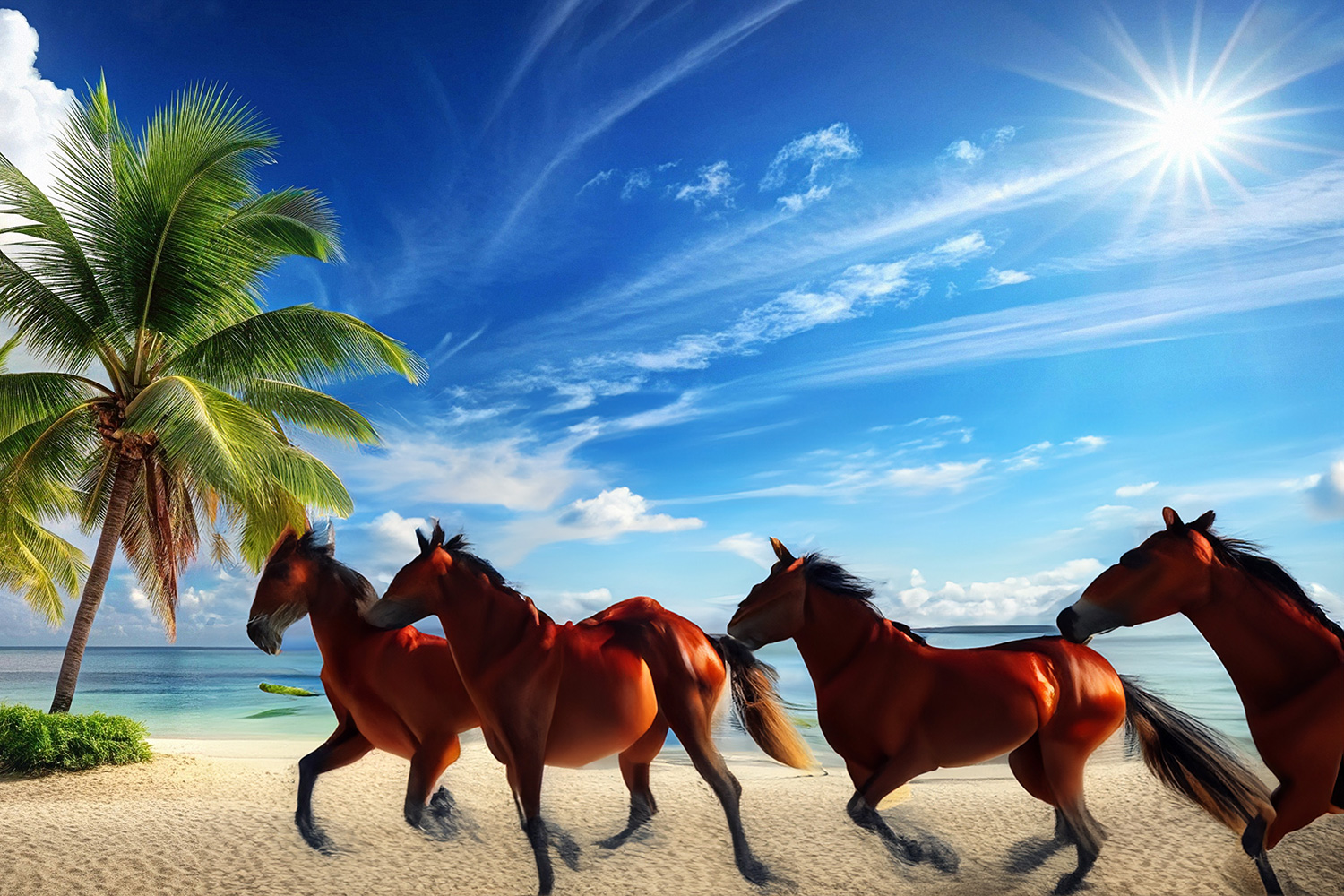 Tekoälyn näkemys hevosista rannalla.