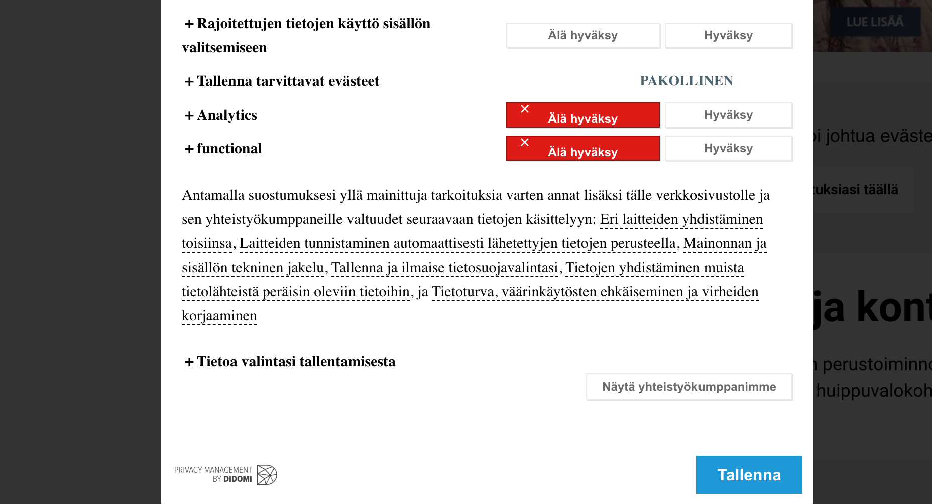 Digikuvan evästeiden hyväksyminen -ikkuna.