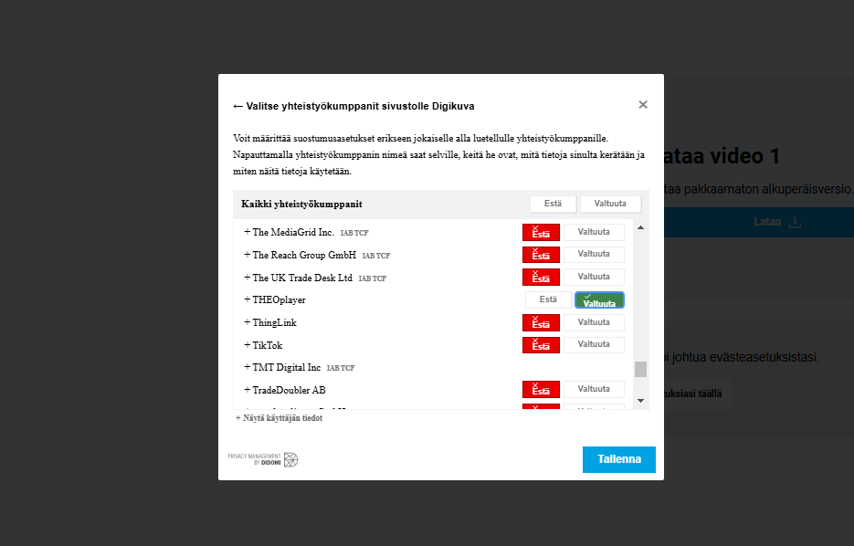 Vieritä alas ja klikkaa Valtuuta-painiketta kohdassa THEOplayer.