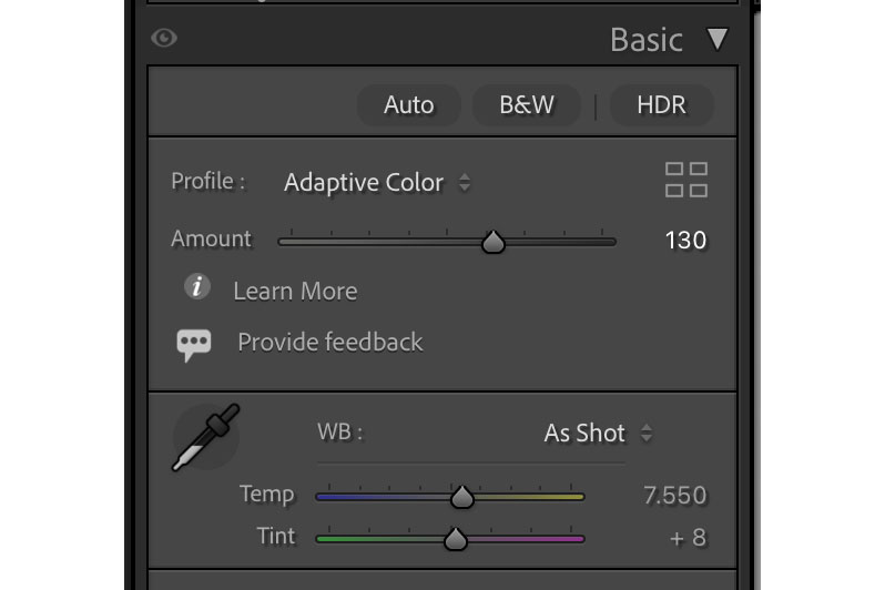 Val av profil i Lightroom