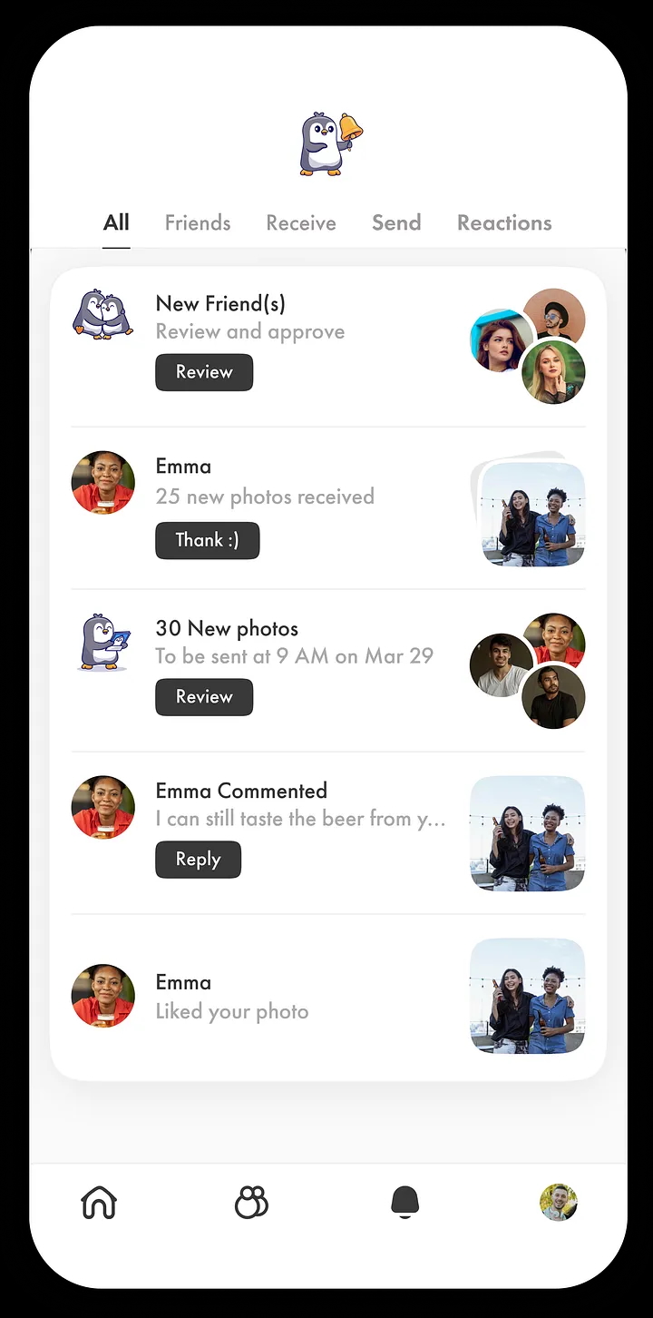 PicSee ilmoittaa uusista kaveripyynnöistä ja jaettavista kuvista.