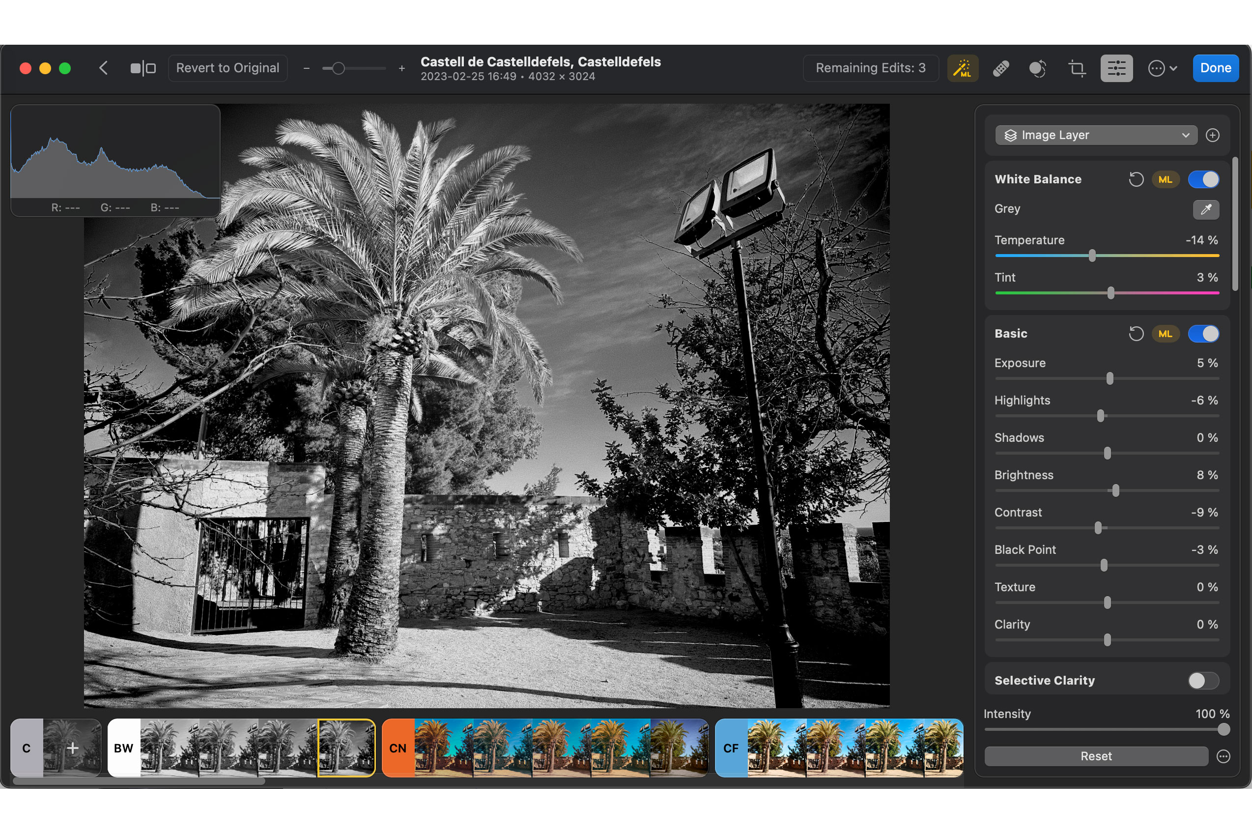 I Photomator kan du enkelt redigere bildene dine med ferdige forhåndsinnstillinger, manuelle redigeringer og KI-funksjoner.