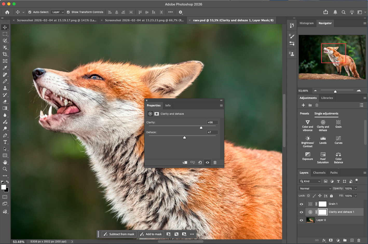 Justeringslaget for klarhet og tåkefjerning lar deg skape sterkere definisjon i områder som pels.
