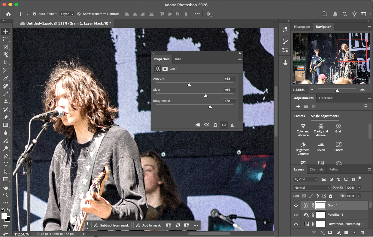 Med værktøjet Grain kan du give lidt kant til dine digitale billeder.