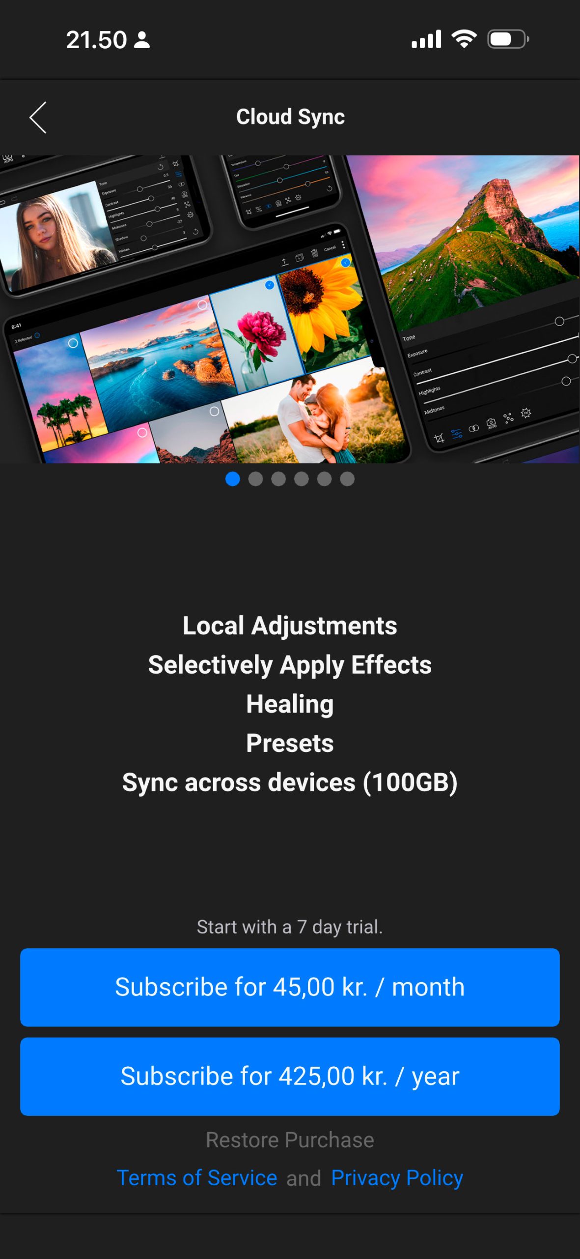 Du får en gratis periode på syv dage, hvis du vil prøve betalingsversionen af ON1 Photo RAW for Mobile.