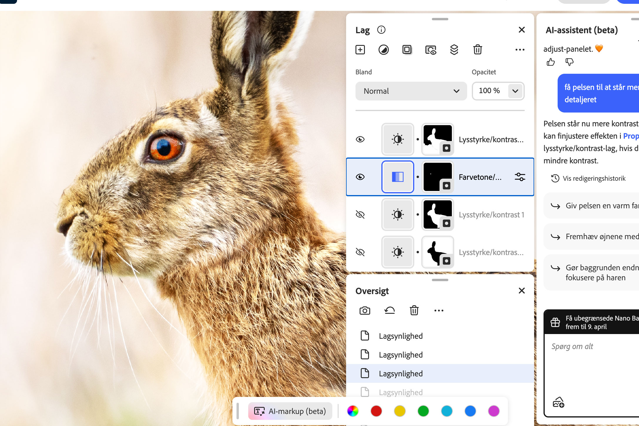 Med lasso-værktøjet kunne vi lægge en maske på harens øje, men kun ved egen hjælp. Assistenten måtte give op."