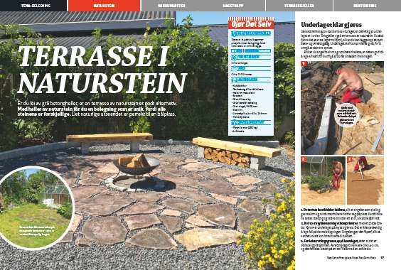 Terrasse i naturstein med bålplass.