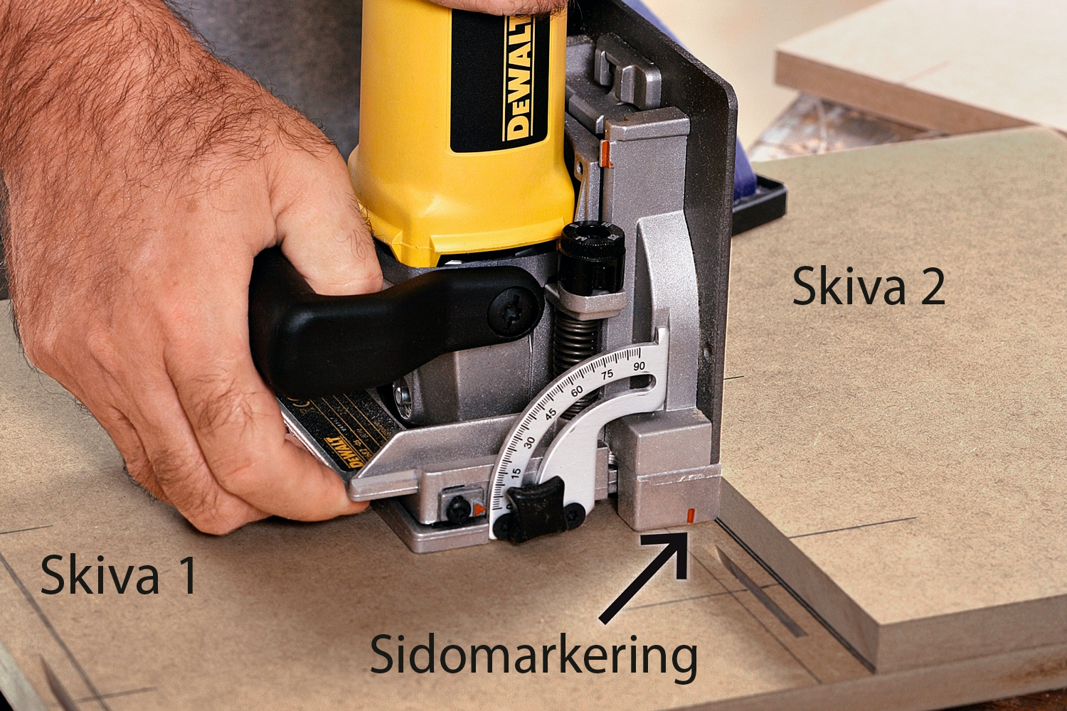 Lamellfräs: Fogning i 90 grader: Fräsdjupet ställs in så att slitsarna i skiva 1 kan fräsas ut.