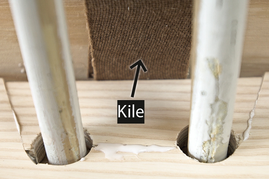 Samling med "kile" i gulvbræt: Mens limen tørrer, sættes kilen i spænd ved at trykke en afstandskile forsigtigt ned mellem kile og væg