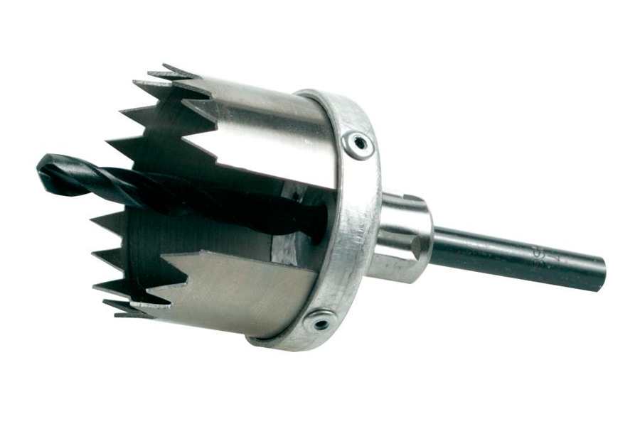 Hullsag: En hullsag med senterbor, som gjør det enklere å bore helt nøyaktig. Her er det en hullsag med en diameter på 76 mm.