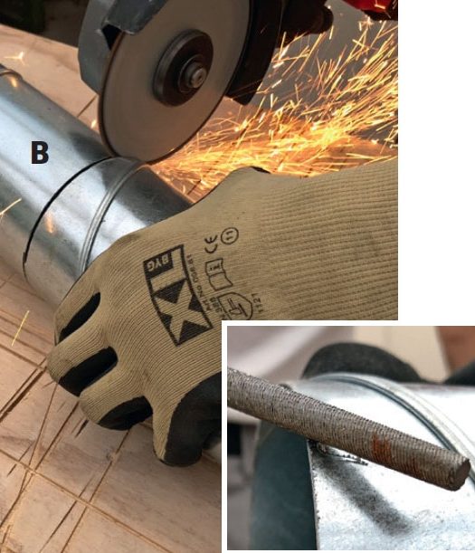 Såga av röret till värmeflyttare med vinkelslipen