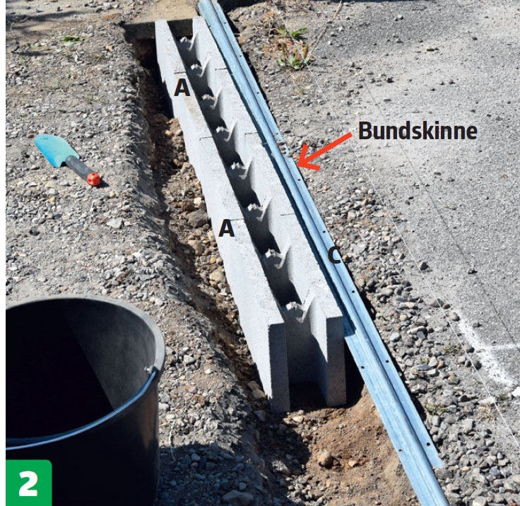 Skydeport: Fundablokkene (A) lægges i renden.