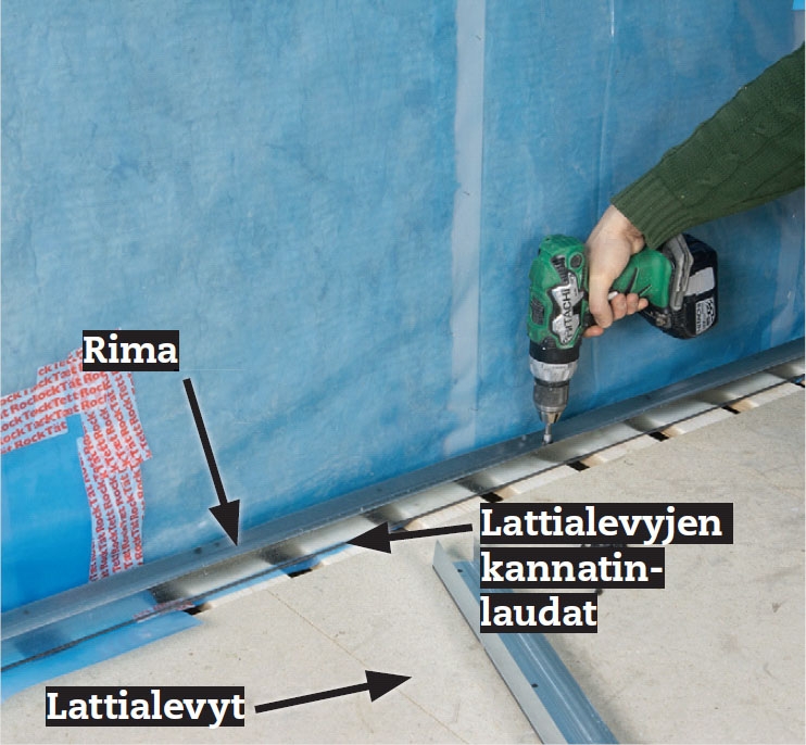Käyttöullakko: Ruuvaa lattiaan rima parin senttimetrin etäisyydelle päätyseinästä