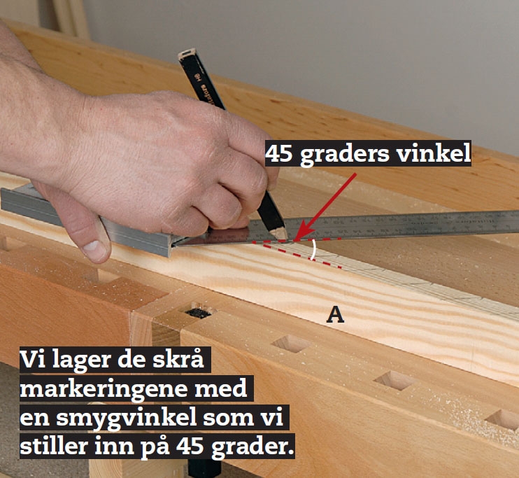 Legg hjørnelista til varmepumpehus på høykant, og tegn de skrå markeringene