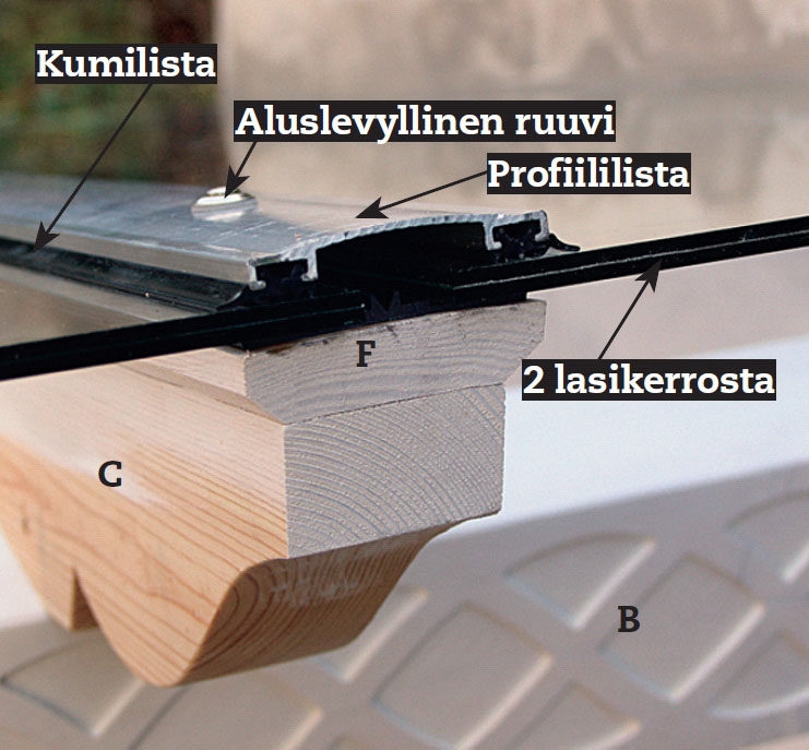 Lasikatto terassille: Lasin liitoskohta.