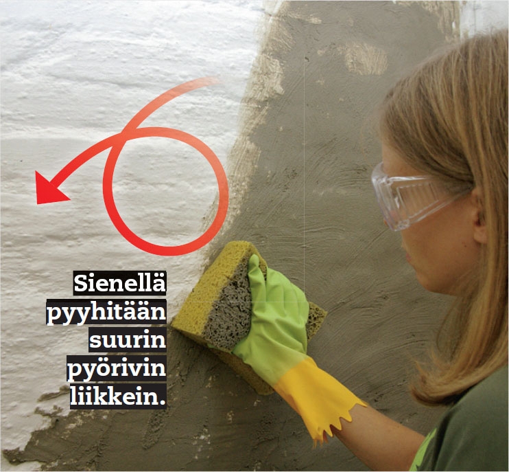 Kellarin seinän rappau: Rappauspinta hierretään sienellä tai hiertimellä