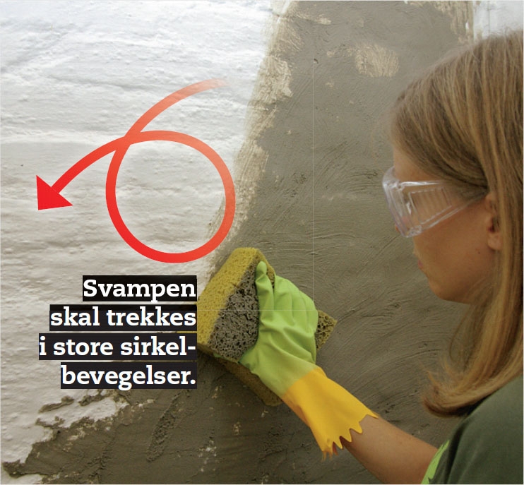 Pusse murvegg i kjeller: Pussoverflata filtses med vaskesvamp eller filtsebrett