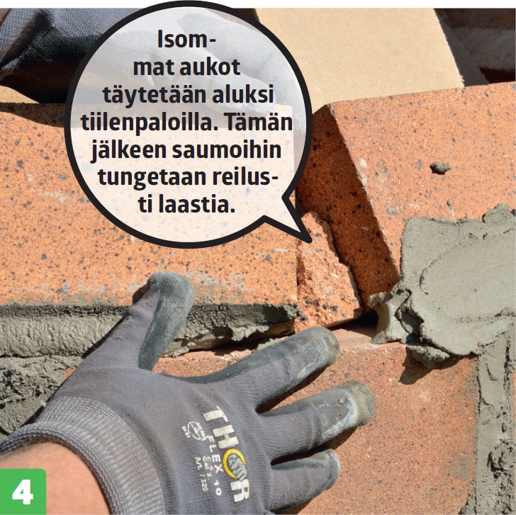 Kun asennat tiilet niin, että ne lepäävät kaarevaa kovalevykaavaa vasten, saat uuniin automaattisesti oikean kupolin muo-don