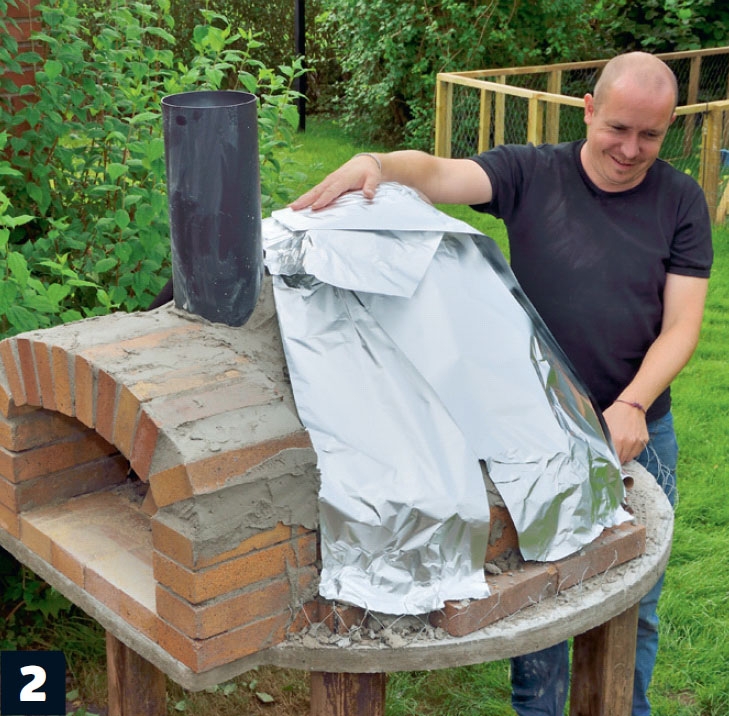 Et lag vanlig sølvpapir legges over murt pizzaovn