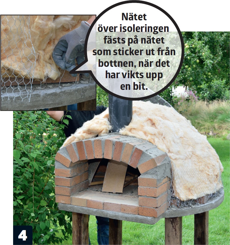 Lägg hönsnät ovanpå isoleringen av murad pizzaugn