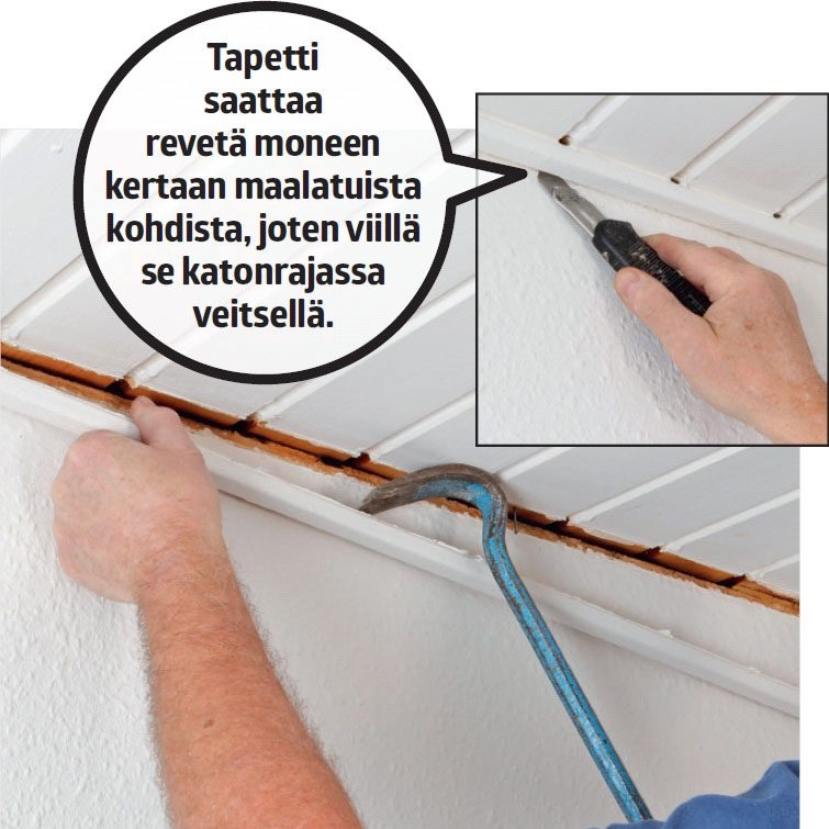 Kipsilevykatto: Irrota kattolistat tapettia rikkomat-ta