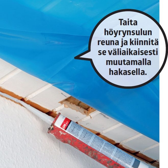 Kipsilevykatto: Pursota höyrynsulkuliimaa seinän ja katon väliseen rajaan