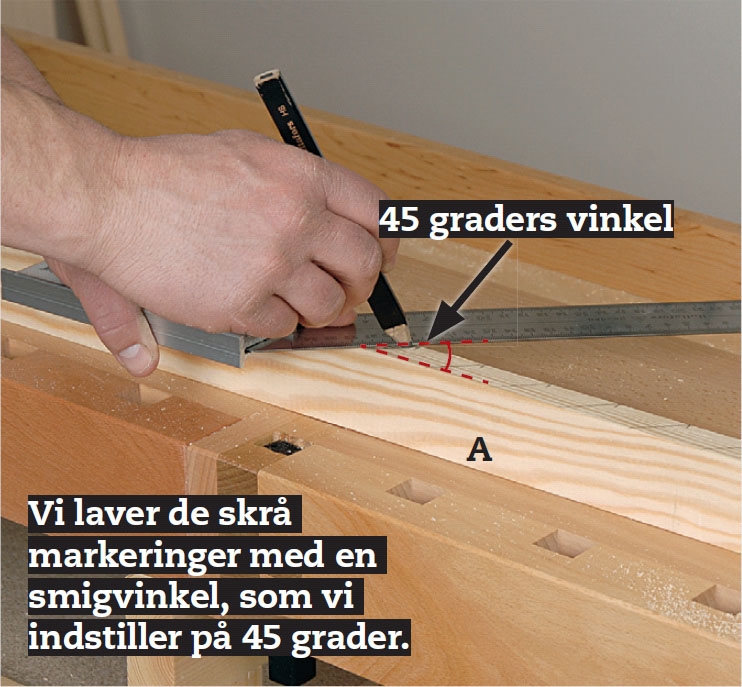Hjørneliste til varmepumpeskjuler lægges på højkant, og markeringer tegnes op