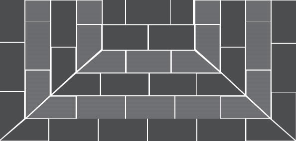 Ulkoportaiden laatoitus: Jos portaita noustaan keskeltä ylös, keskipisteen voi sijoittaa keskelle ja asentaa kulmiin viistot linjat