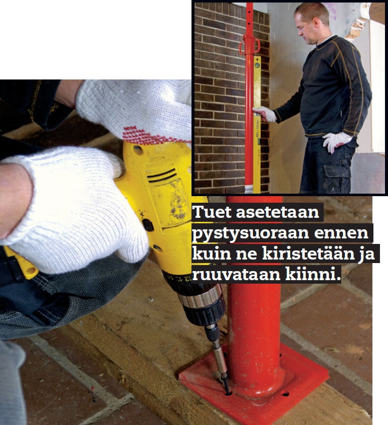 Tukien asentaminen pystysuoraan kantavan seinän purkamista varten