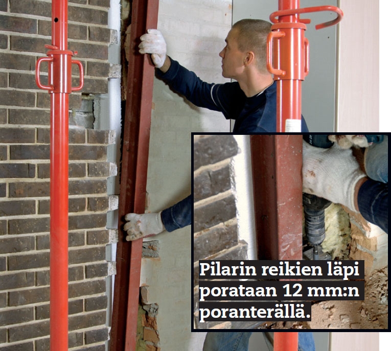 Pilarin asentaminen kantavan väliseinän muurin sisään