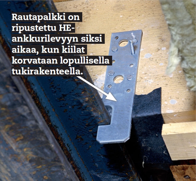 Rautapalkin kiinnitys vanhan kantavan väliseinän kohdalle