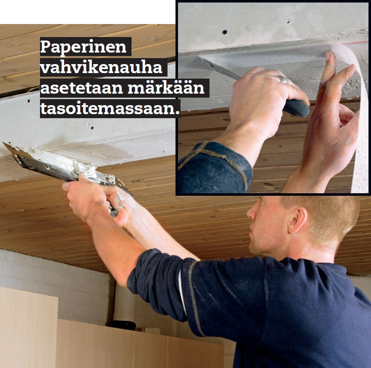 Paperinen vahvikenauha asetetaan märkään tasoitemassaan vanhan kantavan väliseinän kohdalle