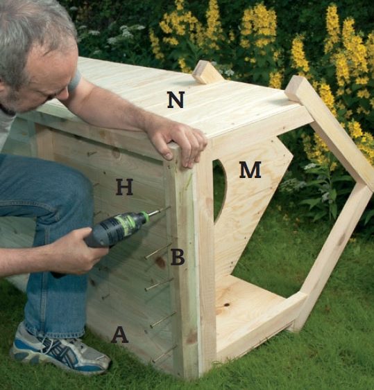 Hundkoja vinterbonad: Gavlarna fästs på bottenramen