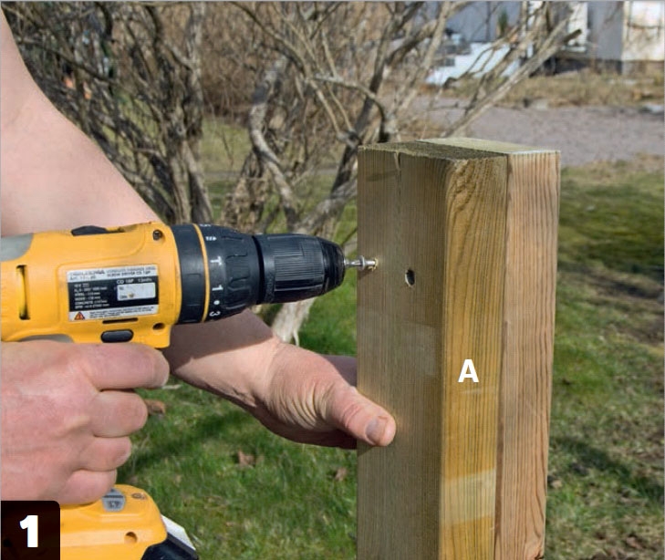 Kompostbeholder: Vi bygger selv stolperne (A) ved at samle to 45 x 95 mm reglar med 5 x 60 mm skruer.