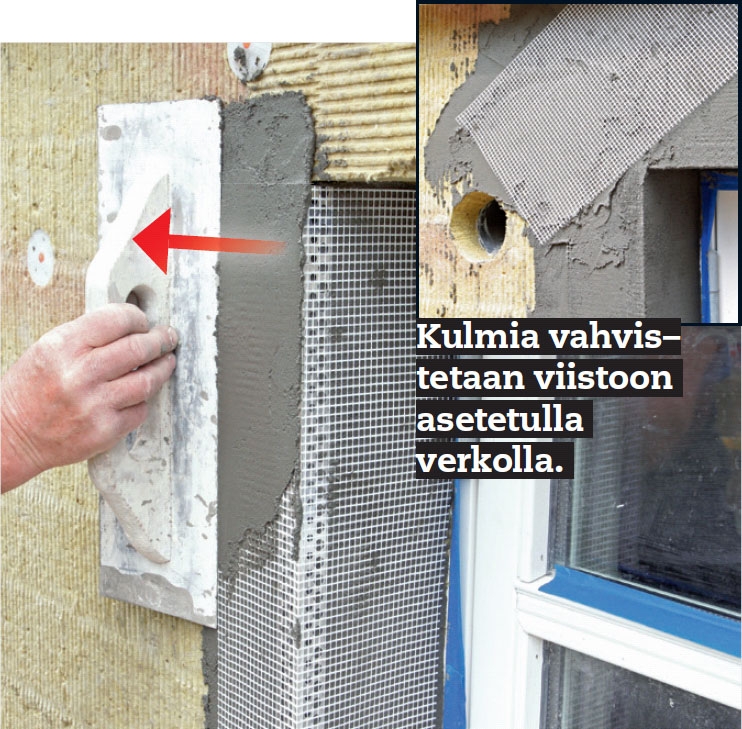 Sokkelin eristys: Vahvista ikkunoiden ulkokulmia samaan tapaan laastilla ja teräskiskoilla