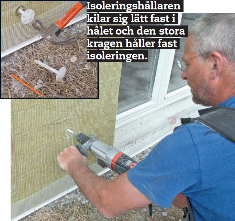 Isoleringen till isolering av grundmur låses fast med särskilda isoleringshållare